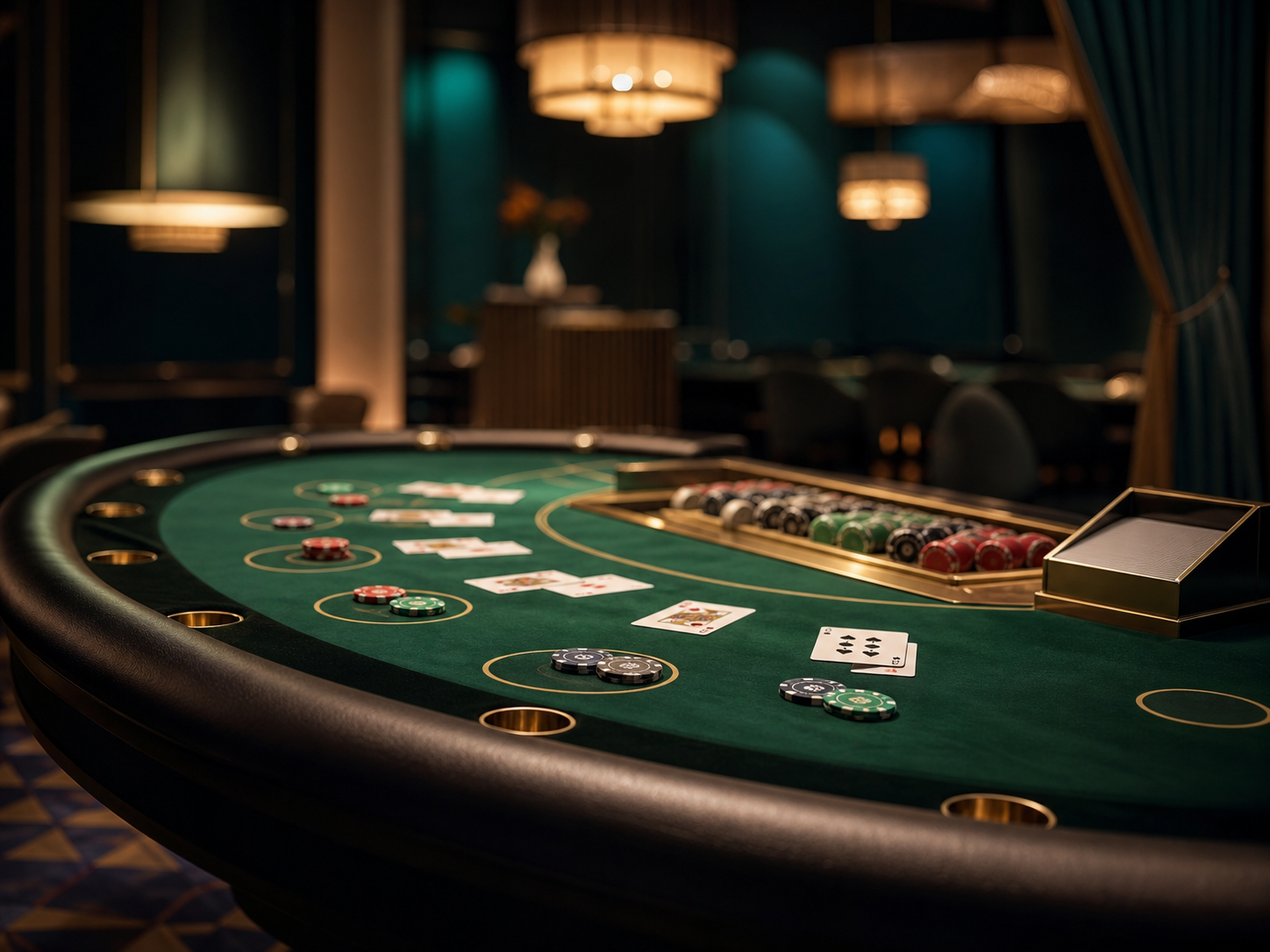 Blackjack table with cards and casino chips